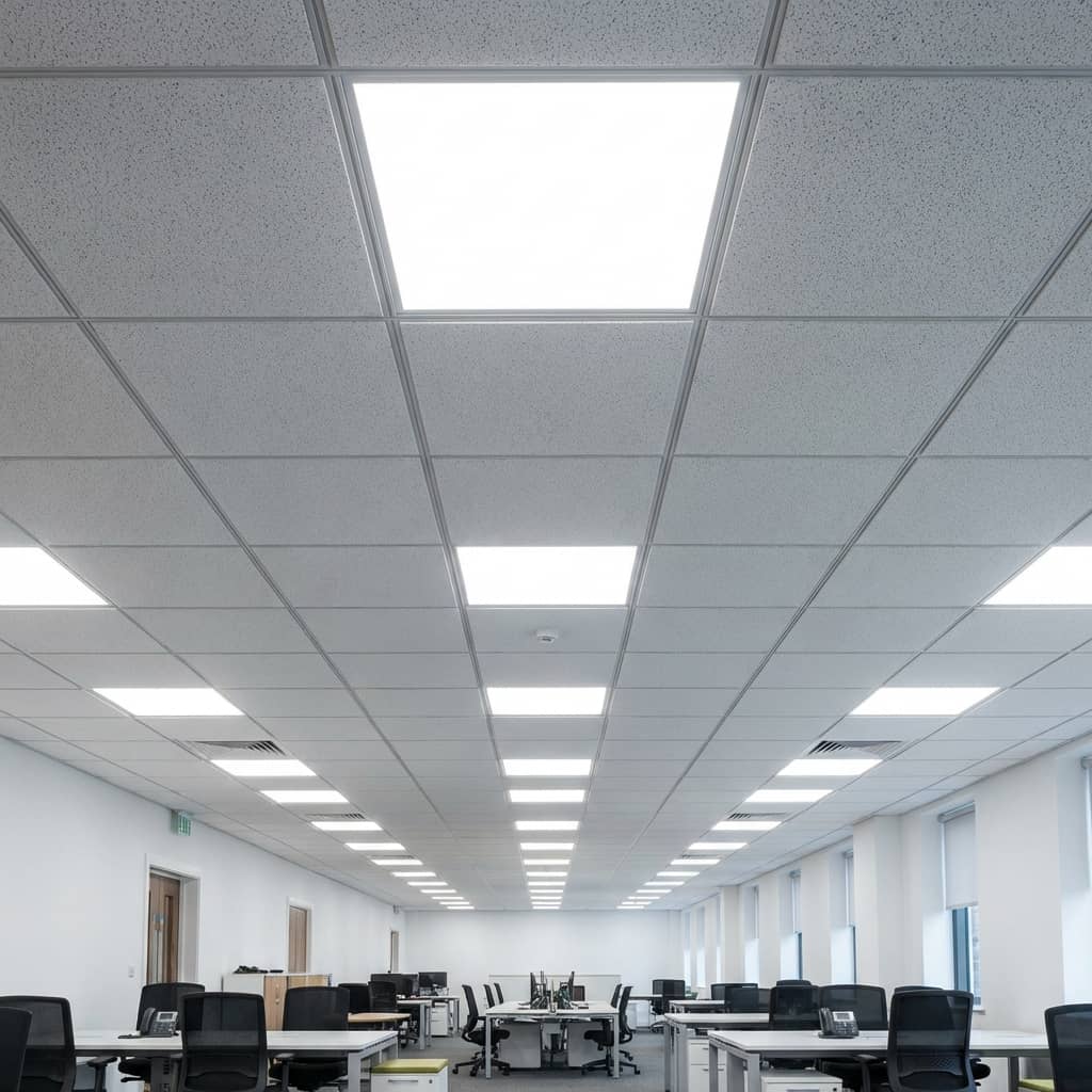 Установка светильника Армстронг — LED-панели в подвесном потолке офиса